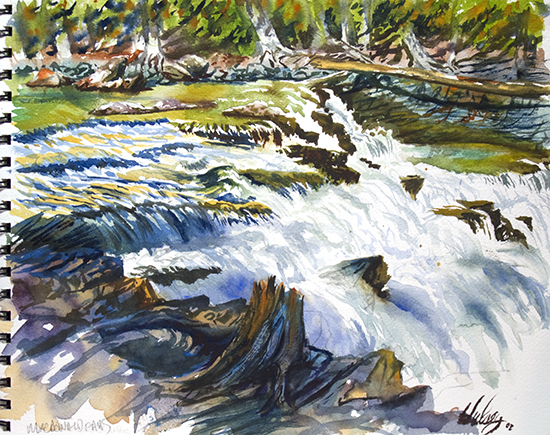 watercolor painting of MacDonald Falls, Glacier National Park, by John Hulsey
